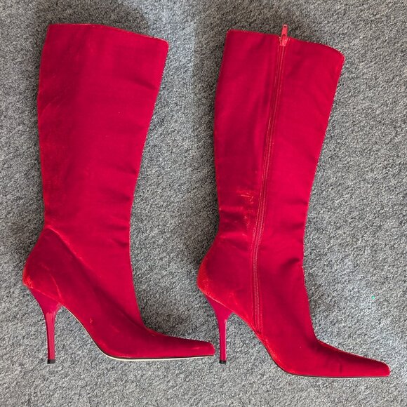 Frederick's of Hollywood Vintage Red Velvet Boots Y2K - Picture 1 of 16